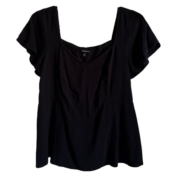 Torrid Womens Blouse 00 M 10 Peplum Challis Sweetheart Flutter Sleeve Top Black - Picture 4 of 7